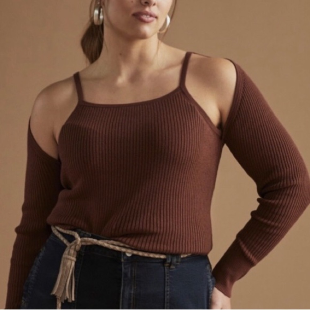 Women's Anthropologie Ribbed Brown Cold Shoulder Sweater